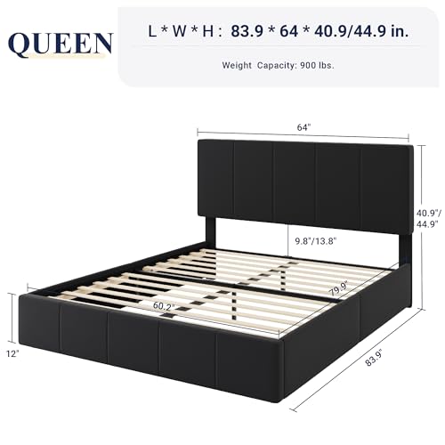 Allewie Queen Size Dutch Velvet Upholstered Platform Bed Frame/Vertical Channel Tufted Adjustable Headboard/Low Profile Bed Frame/No Box Spring Needed/Easy Assembly/Black - color: Black, size: Queen
