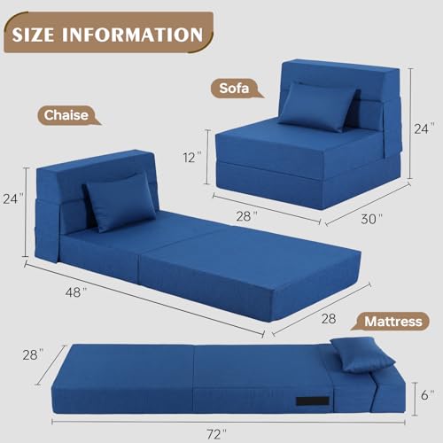 Fvkind Folding Sofa Bed with Pillow, Washable Cover, Single Size, Blue | Linen-Like Fabric - Foldable Space-Saving Design - Portable Guest Bed - Living Room & Apartment - Adults & Guests - color: Blue, size: Single