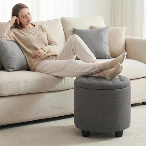 19 Inch Storage Round Ottoman, Footstools with Hidden Storage with Removable Lid, Stylish Button Tufted Design Ottoman Foot Stools for Living Room, Bedroom, Darkgrey - color: Grey