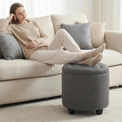 19 Inch Storage Round Ottoman, Footstools with Hidden Storage with Removable Lid, Stylish Button Tufted Design Ottoman Foot Stools for Living Room, Bedroom, Darkgrey - color: Grey