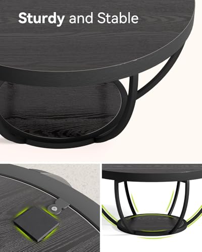 LITTLE TREE Round Coffee Table, 32" Circle Coffee Table for Living Room | 2-Tier Wood Accent Center Table with Open Storage Industrial Design Home Furniture (Black) - color: Black