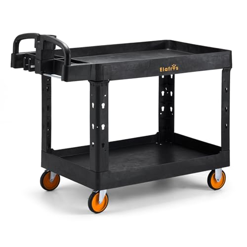 Extra Large Heavy Duty Plastic Utility Work Cart, 43.5 x 24.6 in | 550 lbs Capacity, Deep Tub Shelves, Ergonomic Handle, 5-Inch Casters, Rolling Service Cart, Tool Cart, Garage Warehouse Shop