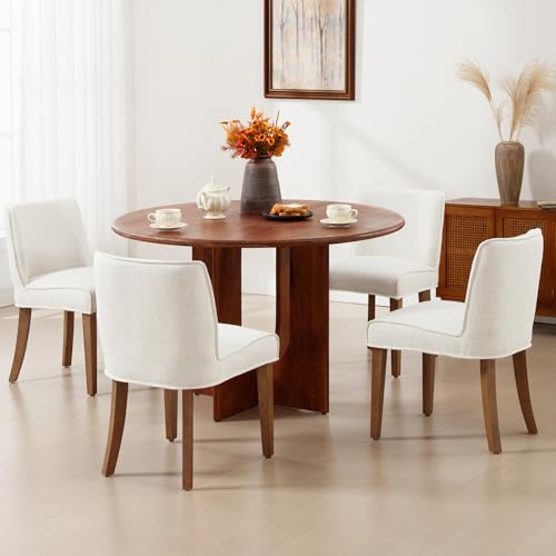 Mid-Century Dining Chairs Set of 4, Linen Fabric Solid White Kitchen Chairs with Walnut Wood Leg Cushioned Back Modern Rustic Side Chairs for Living Room/Kitchen/Dining/Restaurant - color: Linen- White, size: 4 Chairs