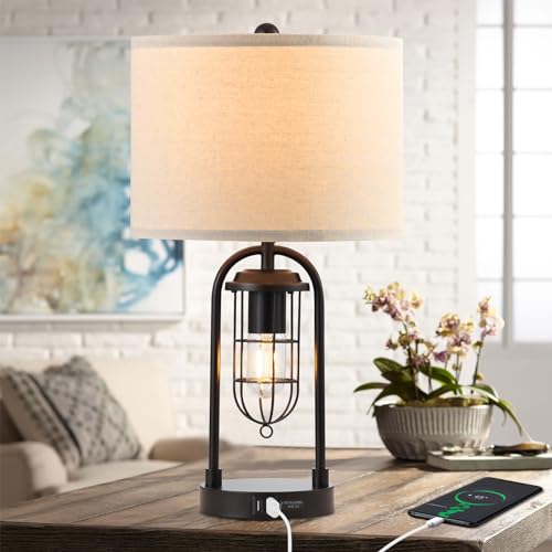 Kyrid Set of 2 Table Lamps with USB Ports and Night Light Farmhouse Nightstand Lamp for Living Room Bedroom（Bulbs Included）