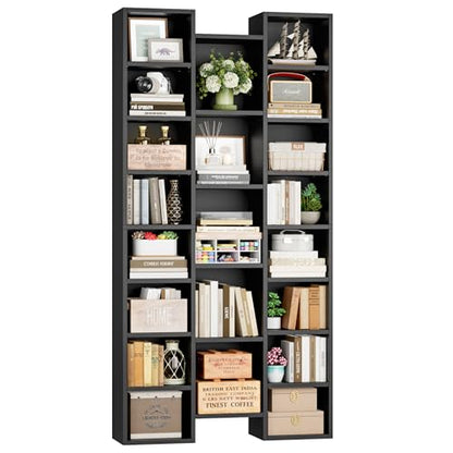 FOTOSOK 71'' H Black Bookshelf with 21 Cubes, Triple Wide Tall Bookshelf | 8 Tier Bookcase with 8 Adjustable Shelves, Large Bookshelf DVD/CD Media Tower Storage, Freestanding Display Shelf Cabinet - color: Black