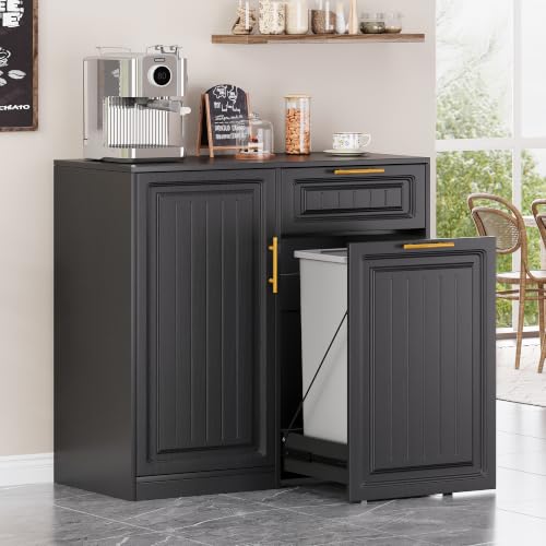 ZIFTY Pull Out Trash Can Cabinet with Storage, 13 Gallon Trash Can, Black | Pet Proof, Freestanding Kitchen Cabinet, Drawer & Adjustable Shelf, Garbage Recycling, Modern Farmhouse Waste Bin Furniture - color: Black, size: 34.3"W X 16.3"D X 33.5"H