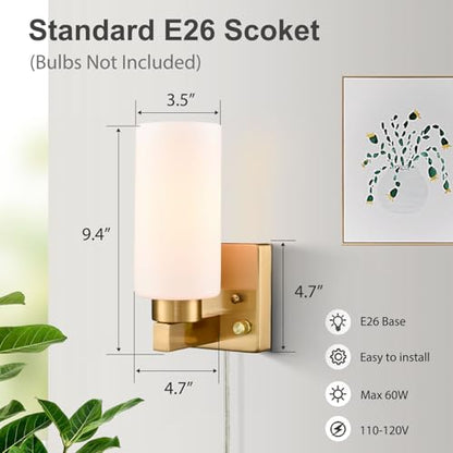 DEYNITE Modern Plug in & Hardwired Wall Sconce Brass Bathroom Vanity Light | Set of 2 Wall Mounted Light with milky white glass shade rotary on/off dimmable switch for bathroom bedroom