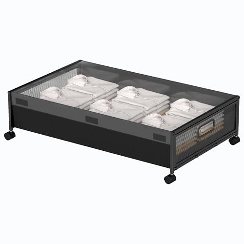 Under Bed Storage with Wheels, Rolling Underbed Storage Organizer, Heavy Duty Under Bed Storage for Clothes, Blankets and Bedding, Low Profile Underbed Container, Black