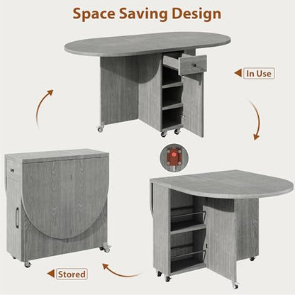 Jocoevol Round Folding Dining Table for 6, Space Saving Drop Leaf Kitchen Table with Storage Drawer, 6 Wheels Oval Gateleg Foldable Dining Table for Small Spaces (Grey, 51" x 31.5" x 30") - color: Grey