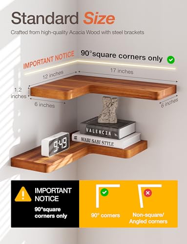BATODA Acacia Wood Corner Floating Shelves 17" x 12"– Corner Shelf Wall Mounted - Floating Book Shelves for Wall - Brackets and Shelving Hardware Included for Kitchen, Living Room, Bathroom (Set 2) - color: Acacia