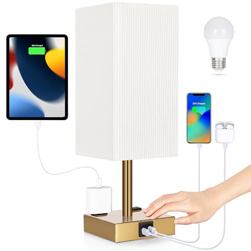 Bedside Lamp with USB Ports - Touch Control Table Lamp for Bedroom with USB C+A Ports & AC Outlets, 3 Way Dimmable Nightstand Light with Pleated Shade for Living Room(Bulb Included) - color: Pleated