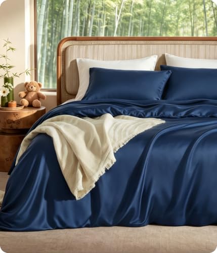 Bedsure PureWoven 100% Organic Bamboo Cooling Duvet Cover Set, Queen, Navy | Silky, Soft, Luxury, for Hot Sleepers, 300TC, Button Closure, 3 Pieces with 2 Pillow Shams(No Insert), 90" X 90" - color: Navy, size: Queen
