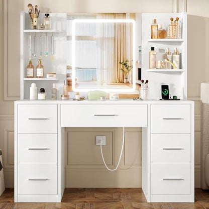 Quimoo Large Vanity Desk with LED Lighted Mirror & Power Outlet, Makeup Vanity Table with 7 Drawers,4 Shelves and 5 Hooks, White Vanity for Bedroom, Bathroom - color: White 4 Drawers Vanity
