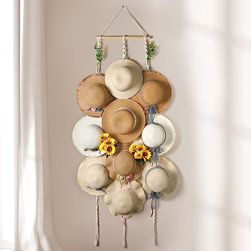 Macrame Hat Hanger for Wall with 10 Clips for Wide Brim Hats Rack Display | Boho Hat Holder Storage for Fedoras, Sun Straw Panama Hats Organizer Keeps Hat Shape, Wall Decor for Closet Bedroom, Mom Gift - color: White, size: 15.7x68.44in-10 hats