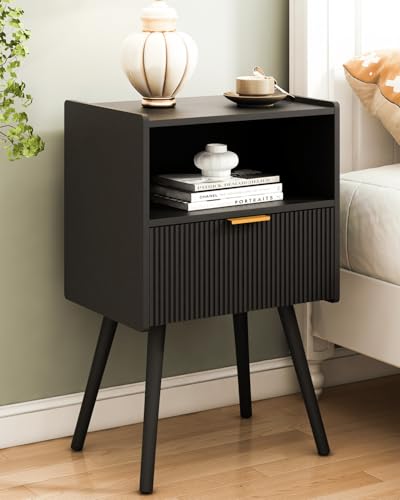 Black Nightstand,Modern Bedside Table with Storage Drawer and Open Wood Shelf, for Living Room, Bedroom and Small Spaces, Accent Night Stand with Solid Wood Legs, Easy Assembly,Classic Black - color: Black