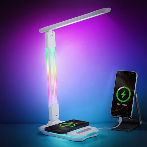 RGB Gaming Desk Lamp with Music Sync,Dimmable LED Lamp with Wireless Charging Station,USB Charging Port,Color Changing Touch Control Light for Gamer Room Decor,Reading,Office,Gift Ideas - color: White2(ABS)