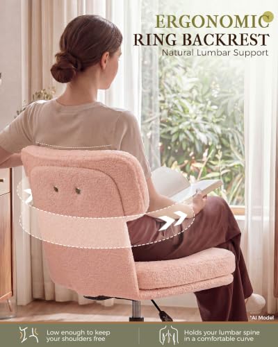COMHOMA Vanity Chair with Ergonomic Curved Backrest, Home Office Desk Chair with Silent Wheel, Wide Seating Computer Chair for Girls Women Bedroom, Soft Teddy Fabric, Pink - color: Pink, Teddy Fleece