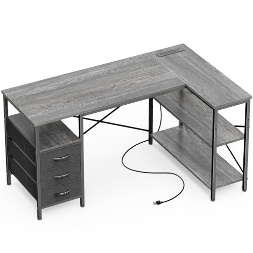 Huuger L Shaped Office Desk with Power Outlets & 3 Drawers | 47 Inch Computer Desk with Shelves, for Gaming, Corner Work, Home Office, Study, Grey - color: Grey, size: 47inch