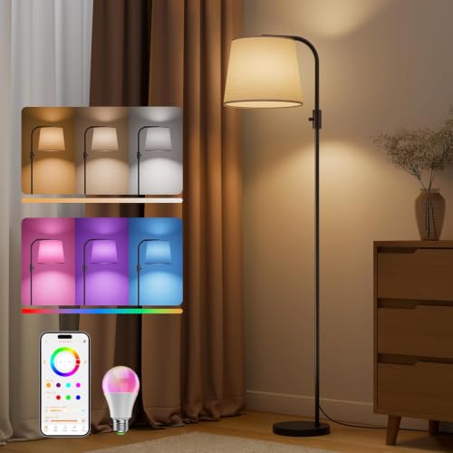 Smart RGB Arc Floor Lamp, 65", App Control, Compatible with Alexa | 2700K-6000K tunable white, 1%-100% dimmable, music sync, 1200lm, 350° swivel woven linen shade, no account required - color: Black, size: 65"(App Control)