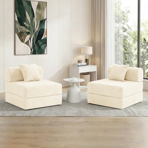 31.5'' Convertible Compressed Corduroy Folding Cloud Sofa Bed Set of 2, 2 Pieces Modern Boneless Pull Out Sleeper Sofa Couch, 3 in 1 Portable Lazy Floor Lounge Chair Set, No Assembly Needed, Beige - color: Beige, size: 32''