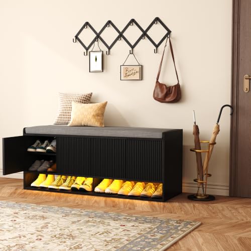 HOMEFORT 47.2" Fluted Shoe Storage Bench, Entryway Bench with Linen Seat Cushion, Shoe Cabinet Bench with Adjustable Shelf and Built-in LED Sensor Light, Bench for Bedroom End of Bed, Black - color: Black, size: 47.2"Wx15.15"D x19.3"H