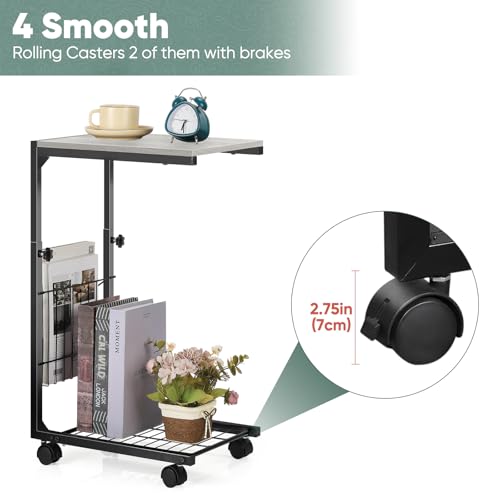 C Shaped End Table Small Couch Side Table with Metal Frame Slide Under Couch Table for Sofa Adjustable Height C Table for Living Room Bedroom Small Spaces, Grey - color: Grey