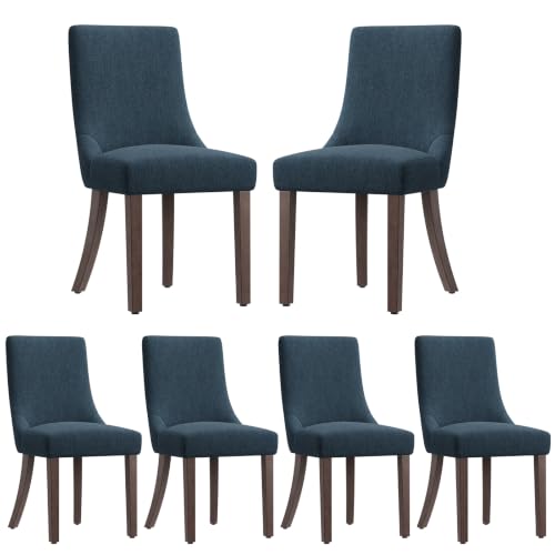 MALOL Wooden Dining Chairs Set of 6, Upholstered Kitchen & Dining Room Chairs with Solid Wood Legs Curved Backrest Farmhouse Accent Chair for Dining/Kitchen/Living Room, Blue - color: Blue, size: Set of 6