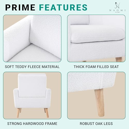 Naomi Home Frida Fleece Minimalist Accent Chair, White | Thick Cushions, Ergonomic Backrest, Solid Oak Legs, Cozy Reading Chair, Modern Living Room Seating - color: White, style: Classic