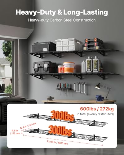 VEVOR 2-Pack Heavy Duty Garage Wall Shelving, 1 x 6 ft Steel Wall Mounted Shelving Unit, 12 x 72 Inch Per Shelf Floating Storage Metal Rack for Garage with 600 lbs Total Weight Capacity - size: 1×6 ft