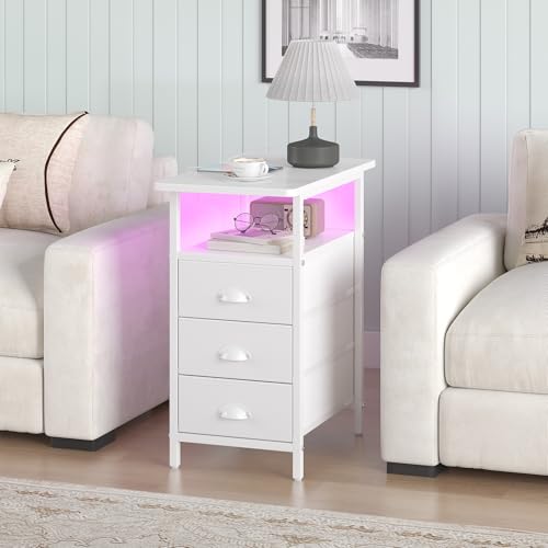 sthmec End Table with Charging Station,LED Side Tables with USB Ports and Outlets,Narrow Nightstands Bedside Tables with 3 Drawers PU Finish for Small Space,Slim Sofa Table for Livingroom,White - color: White, size: 11.75'' W*21'' D* 24.3'' H, style: Powe