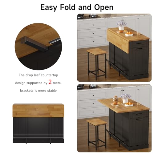47" Kitchen Island with Seating, Stationary Island Table with Storage Include 2 Chairs, Kitchen Islands with Drop Leaf, Dining Table with Trash Cabinet & Power Outlet & Spice Rack, Black - color: Black