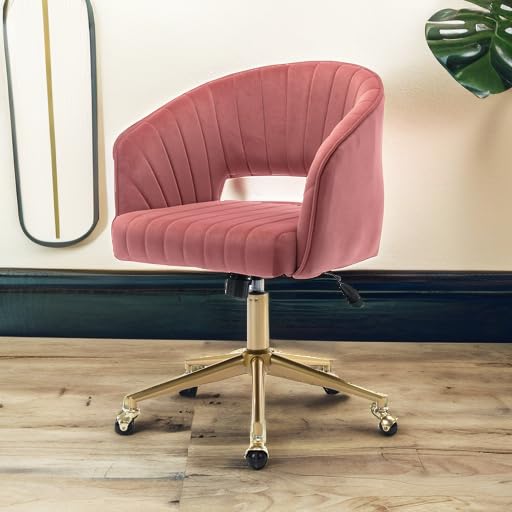 Velvet Home Office & Living Room Desk Chairs with Adjustable Swivel Wheels, Ergonomic Upholstered Office Chair for Bedroom, Vanity Study (Rose) - color: Rose