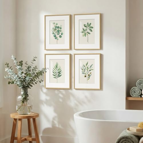Framed Sage Green Botanical Wall Art for Bathroom, 4 Piece Farmhouse Minimalist Plant Artwork for Walls, Boho Green White Leaf Pictures Prints for Bedroom Kitchen Living Room Wall Decor, 11x14 Inch - color: Green and White, size: 11" W x 14" H x 4 pcs