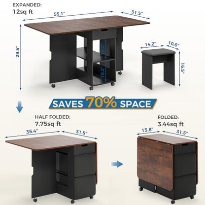Mondeer 55" Folding Dining Table and Chairs Set 4, Cushioned Stools | 2 Drawers, Storage Shelves, Space Saving Table and Chairs for Kitchen Dining Room Small Spaces, Rustic Brown and Black - color: Rustic Brown and Black