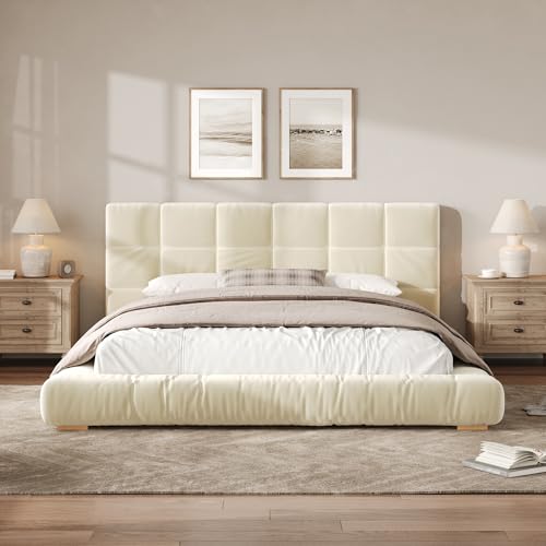 Queen Size Velvet Upholstered Bed with Channel Tufted Headboard, Low Profile Bed Frame with Sturdy Slat Support for Bedroom (Beige, Queen) - color: Beige, size: Queen