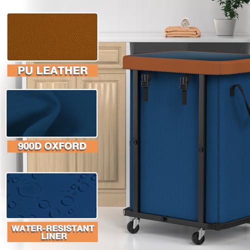 Laundry Basket with Wheels,150L (40 Gal) Rolling Hamper Carts - Navy Blue | Leather Patchwork Laundry Hamper,Sturdy Metal Frame, Removable Washable Bag, Tall Clothes Sorter for Bedroom, Laundry Room - color: Navy Blue, size: 1 Section-150L