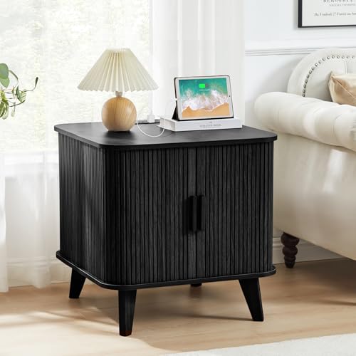 24" Large Square End Table with Charging Station, Farmhouse Fluted Sofa Side Table with Sliding Tambour Door & Storage, Curved Rustic Wood Nightstand for Living Room, Bedroom, Black - color: Black