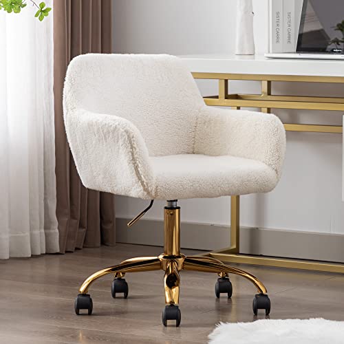 Faux Fur Office Desk Chair, Comfy Swivel Armchair with Wheels, Upholstered Fuzzy Vanity Chair, Adjustable Height, White | Fluffy Swivel Modern Armchair Upholstered Fuzzy Height Adjustable for Teens Women Girls Elegant for Living Room Bedroom - color: Whit
