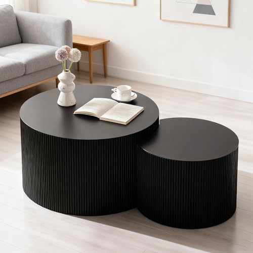 26 inch Round Black Fluted Nesting Coffee Table Set of 2, A Large | Spray Painting Finish, For Living Room, Nested Crescent Side Table, Nestable Design, Mid-Century Modern, For Small Spaces - color: A Large