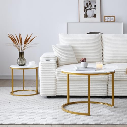 24" Marble Pattern Accent Side Table, Modern Nesting Side Tables with Metal Frame, Space-Saving Nesting Coffee Table Set for Living Room Apartment, White+Gray - color: White+gray