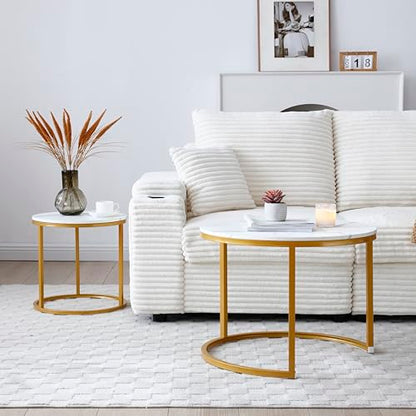 24" Marble Pattern Accent Side Table, Modern Nesting Side Tables with Metal Frame, Space-Saving Nesting Coffee Table Set for Living Room Apartment, White+Gray - color: White+gray