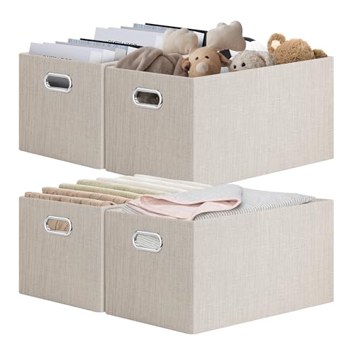 Posprica Closet Storage Bins, 4 Pack Closet Shelf Organizers, Linen Fabric Decorative Storage Baskets for Organizing, Foldable Storage Box for Clothes, 15x10.5x8.25 Inch (Beige) - color: Beige, size: 15Lx10.5Wx8.25H