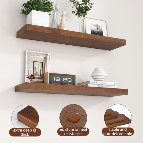 fuqing 30 Inch Floating Shelves 6.7'' Deep Dark Wood Wall Shelves Set of 2 | 30'' x 6.7'' x 1.4'' Rustic Wood Shelves for Bathroom, Living Room, 40LBS, Lightweight, Hardware Included, Waterproof Finish - color: Walnut, size: 30 Inch