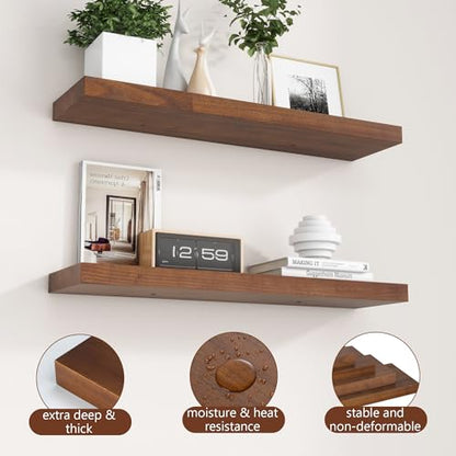 fuqing 30 Inch Floating Shelves 6.7'' Deep Dark Wood Wall Shelves Set of 2 | 30'' x 6.7'' x 1.4'' Rustic Wood Shelves for Bathroom, Living Room, 40LBS, Lightweight, Hardware Included, Waterproof Finish - color: Walnut, size: 30 Inch