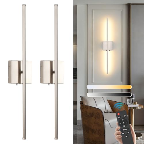 Brushed Nickel Battery Operated Wall Sconces Set of 2, 11000mAh Wireless Rechargeable Wall Lights with Remote Control, 350°Rotate Dimmable Wall Lamp, 3 Color Temperatures, for Bedroom, Living Room - color: Brushed Nickel, size: 2 Pack