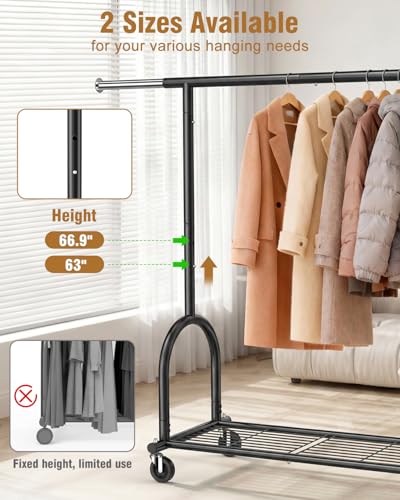 Heavy Duty Clothes Rack for Hanging Clothes Load 424 LBS, Height Adjustable Rolling Clothing Racks, Portable Metal Coat Rack Garment Wardrobe with Wheels and Shelves for Bedroom Laundry, Black - color: Black, style: 1 Shelf