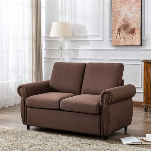 Brown 57.5" Pull Out Sofa Bed Loveseat Sleeper with Twin Size Memory Mattress for Living Room Spaces