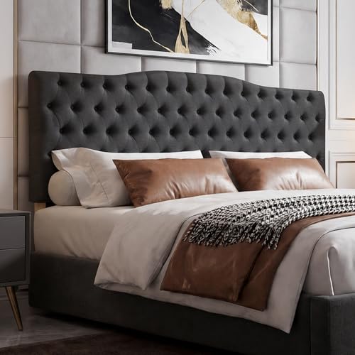 Iroomy Upholstered High Queen Headboard, Button Diamond Tufted Headboard with Adjustable Height and Solid Wood Leg, Linen Fabric Padded Headboards for Queen Size Bed, Mordern Head Board, Dark Grey - color: Dary Grey, size: High Queen