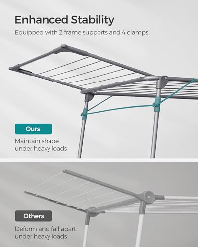 SONGMICS Clothes Drying Rack Foldable, Gullwing Laundry Drying Rack, Space-Saving, 22.2 x 68.1 x 38 Inches, Sock Clips, Metal Structure, for Clothes, Towels, Linens, Indoor, Outdoor Gray ULLR518G01 - color: Gray, style: 2 Gullwings（22.2"D)