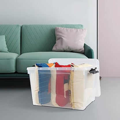4-Pack 50 L Clear Plastic Storage Bin, Large Latch Box with Wheels | Heavy-duty plastic, bottom rolling wheels, large capacity storage box, suitable for closet, garage and attic storage - size: 50 L